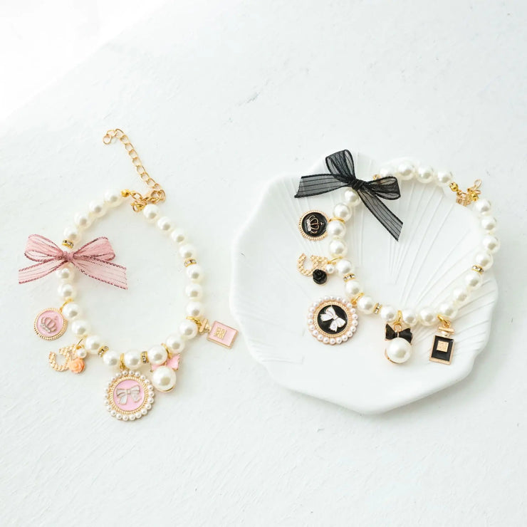 Pet Bow & Pearl Collar – Rhinestone Necklace for Cats & Small Dogs