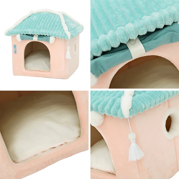 Cozy Enclosed Cat & Puppy Bed – Warm Winter Pet House