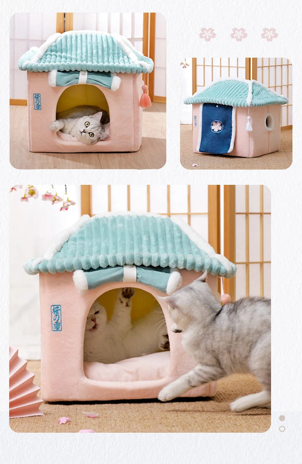 Cozy Enclosed Cat & Puppy Bed – Warm Winter Pet House