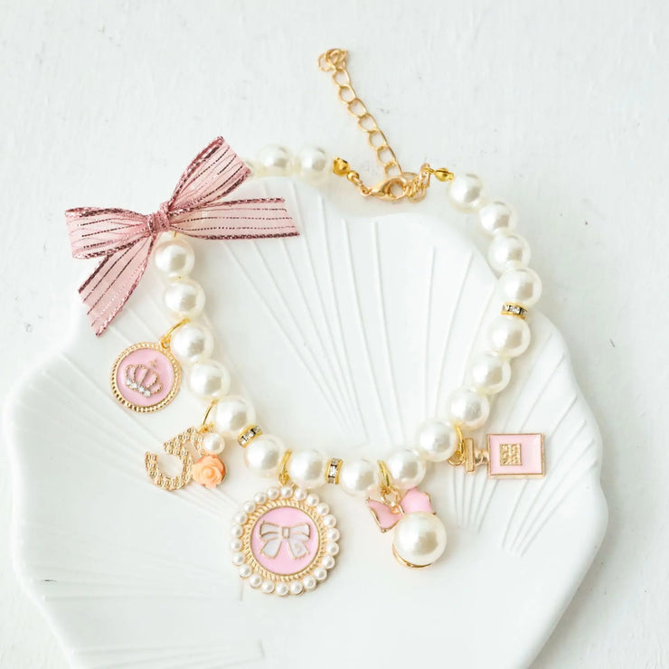 Pet Bow & Pearl Collar – Rhinestone Necklace for Cats & Small Dogs
