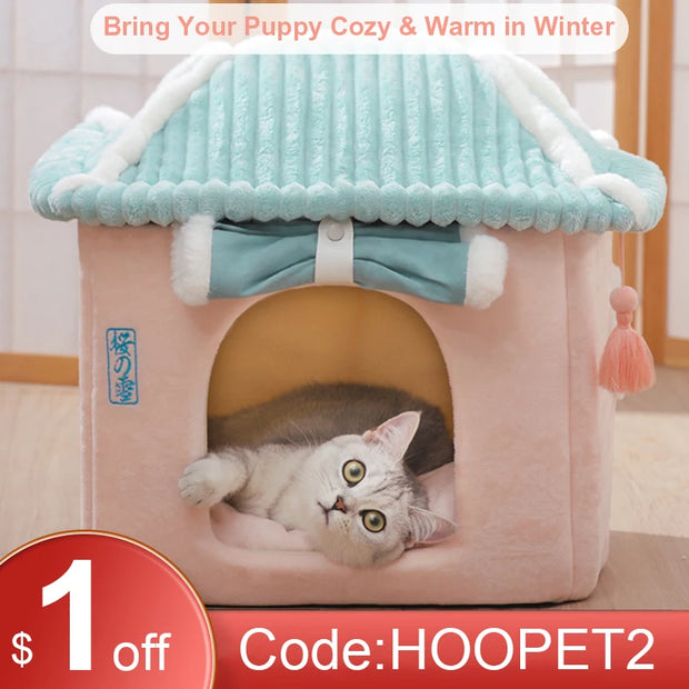 Cozy Enclosed Cat & Puppy Bed – Warm Winter Pet House