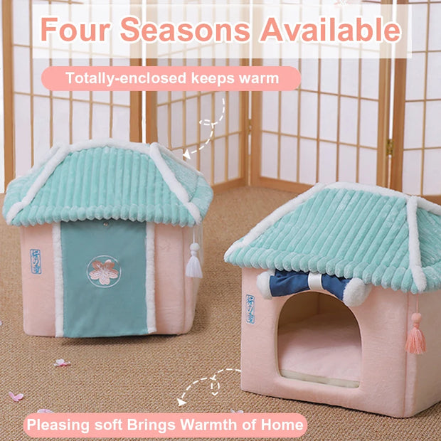 Cozy Enclosed Cat & Puppy Bed – Warm Winter Pet House