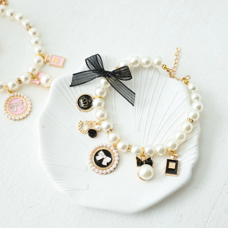 Pet Bow & Pearl Collar – Rhinestone Necklace for Cats & Small Dogs