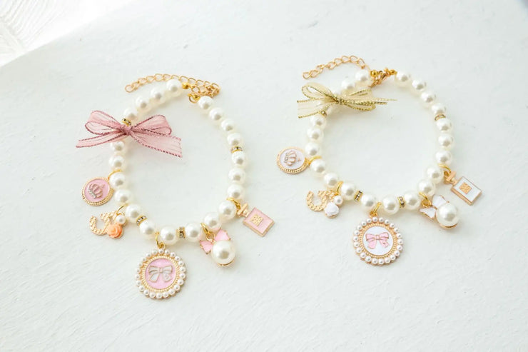 Pet Bow & Pearl Collar – Rhinestone Necklace for Cats & Small Dogs