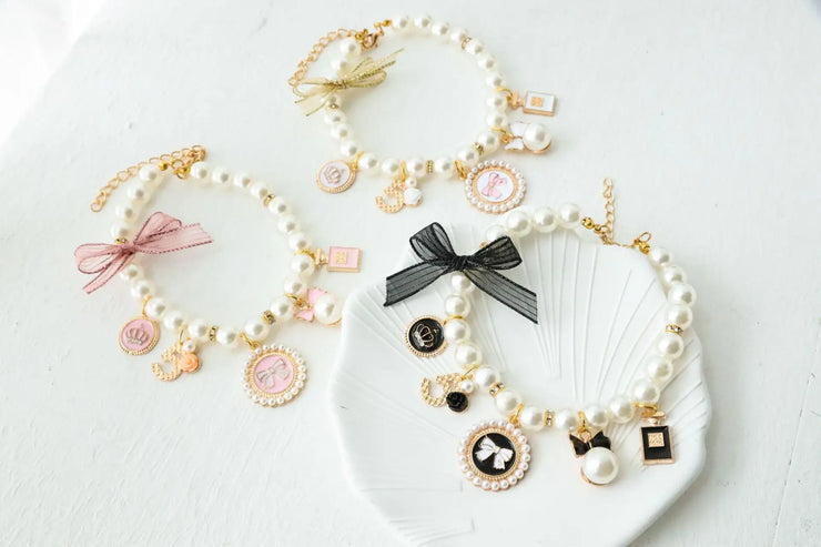 Pet Bow & Pearl Collar – Rhinestone Necklace for Cats & Small Dogs
