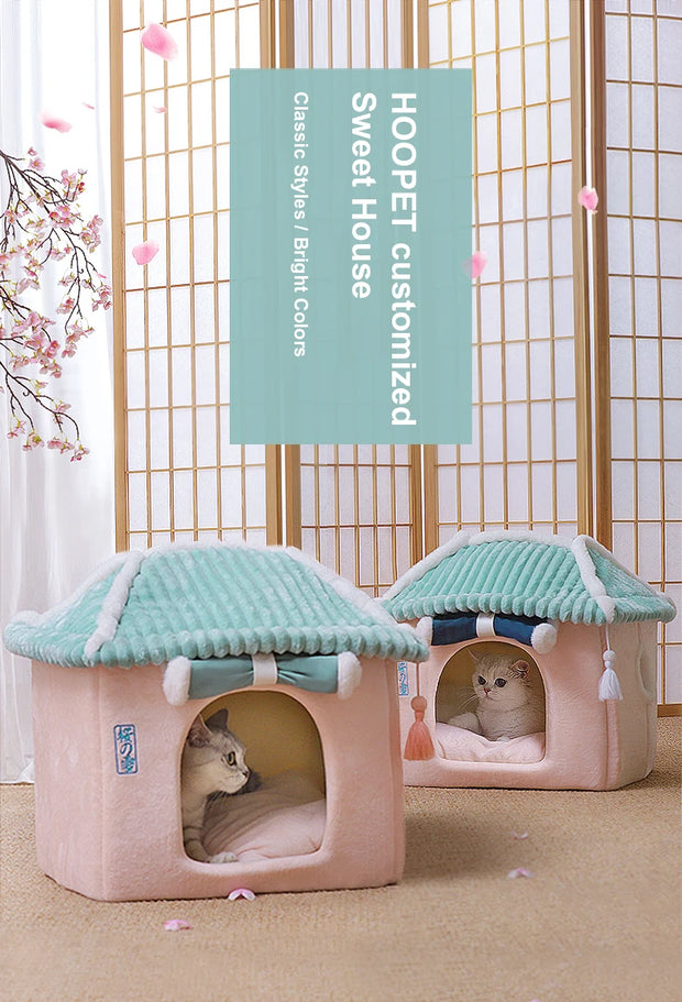 Cozy Enclosed Cat & Puppy Bed – Warm Winter Pet House