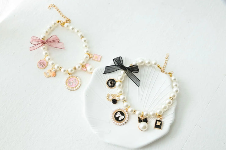 Pet Bow & Pearl Collar – Rhinestone Necklace for Cats & Small Dogs