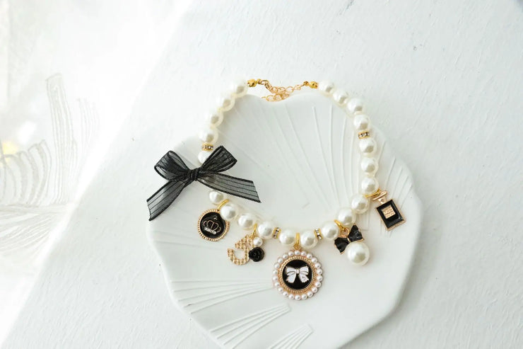 Pet Bow & Pearl Collar – Rhinestone Necklace for Cats & Small Dogs