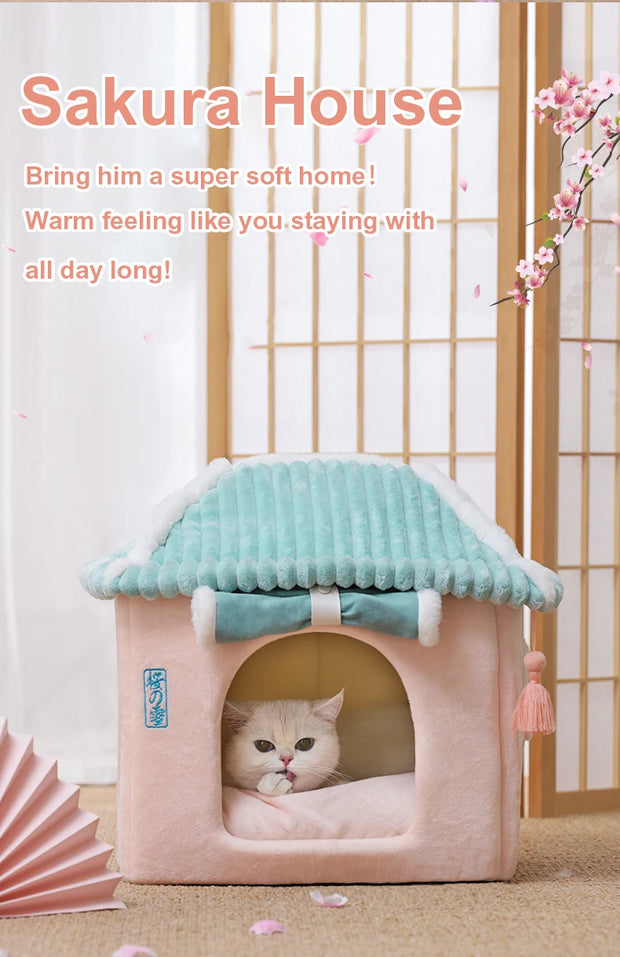 Cozy Enclosed Cat & Puppy Bed – Warm Winter Pet House