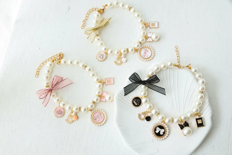 Pet Bow & Pearl Collar – Rhinestone Necklace for Cats & Small Dogs