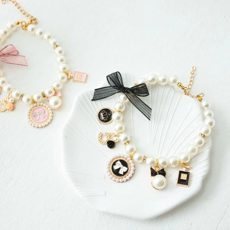 Pet Bow & Pearl Collar – Rhinestone Necklace for Cats & Small Dogs