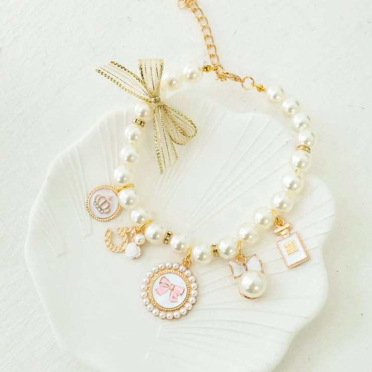 Pet Bow & Pearl Collar – Rhinestone Necklace for Cats & Small Dogs