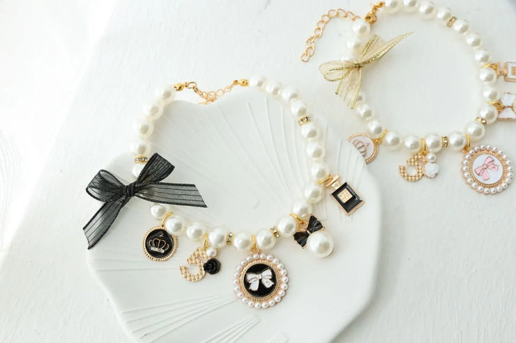 Pet Bow & Pearl Collar – Rhinestone Necklace for Cats & Small Dogs