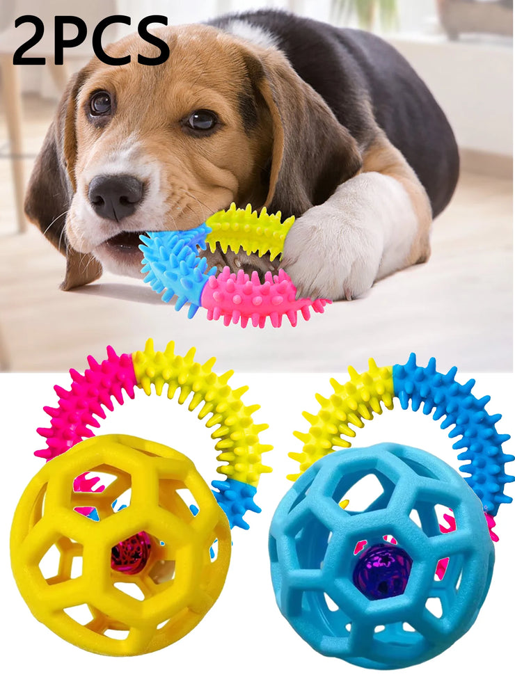 2-in-1 Dog Chew Toy Set – Bell Ball & Tri-Color Molar Ring