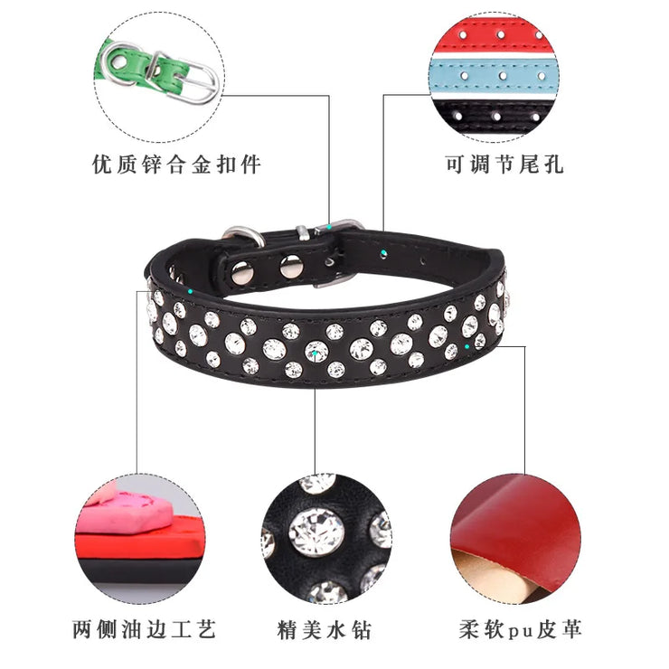 Adjustable Rhinestone Pet Collar – PU Leather for Cats & Small Dogs