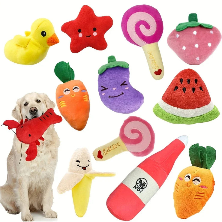 10-Pack Plush Puppy Chew Toys – Squeaky Fruit & Vegetable Set