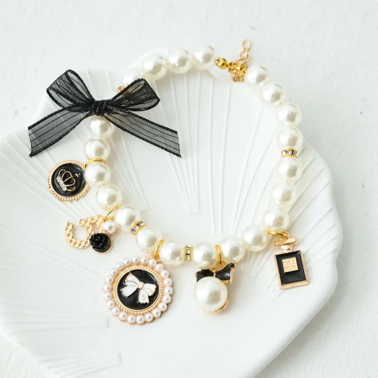 Pet Bow & Pearl Collar – Rhinestone Necklace for Cats & Small Dogs