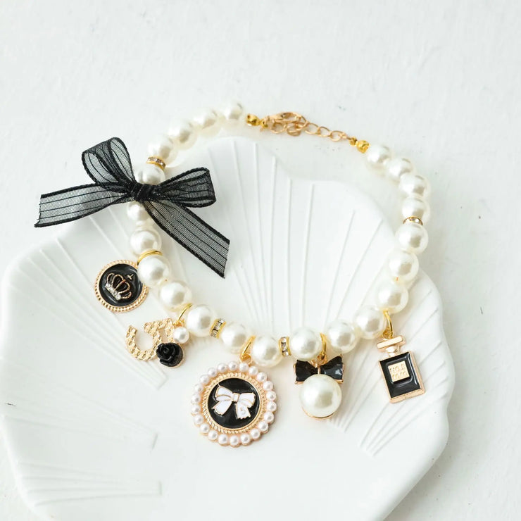Pet Bow & Pearl Collar – Rhinestone Necklace for Cats & Small Dogs