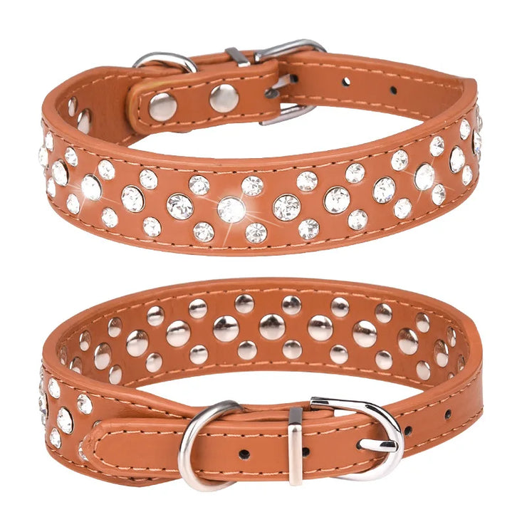 Adjustable Rhinestone Pet Collar – PU Leather for Cats & Small Dogs