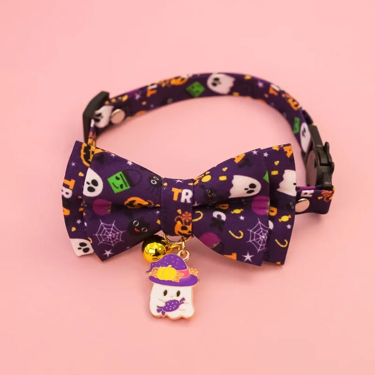 Halloween Pet Collars – Detachable Bow & Holiday Print for Cats & Dogs