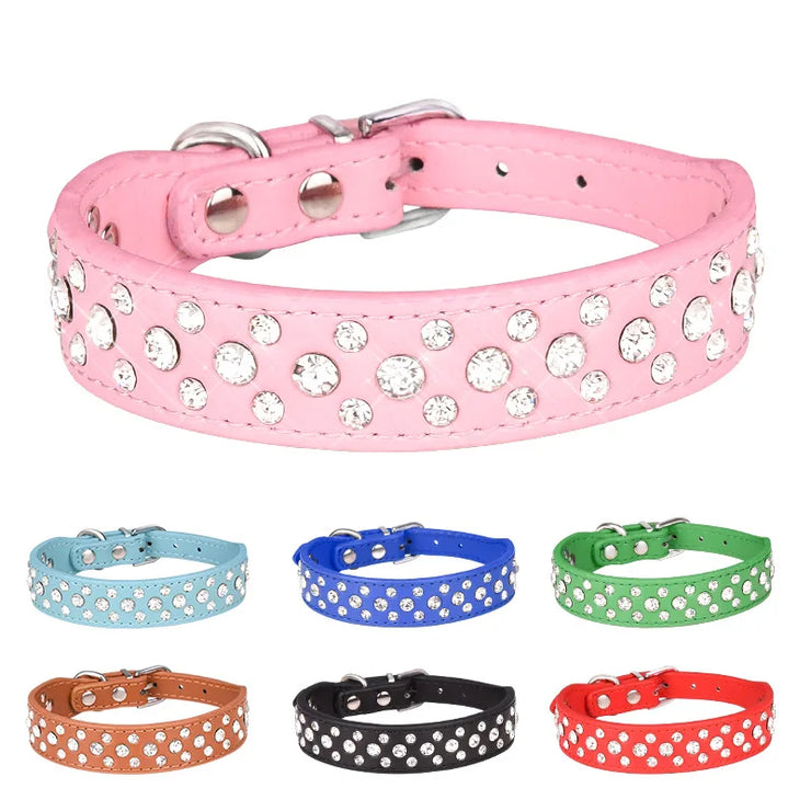 Adjustable Rhinestone Pet Collar – PU Leather for Cats & Small Dogs
