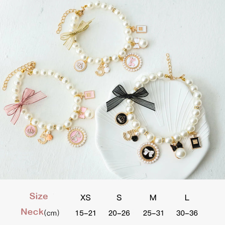 Pet Bow & Pearl Collar – Rhinestone Necklace for Cats & Small Dogs